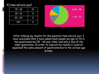 2) How old are you?
      15 – 18        12                                   15 - 18
      19 – 21         3
      22 – 23         2                                   19 - 21

       24+            3




     After tallying my results for the question ‘How old are you’; I
    have concluded that I have asked most people my age to fill in
      the questionnaires (15 – 18 year olds), and only a few of the
      older generation. In order to improve my results I could of
    equalised the same amount of questionnaires to the various age
                                 groups.
 