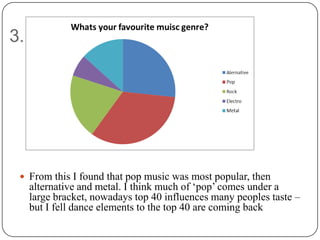3.




  From this I found that pop music was most popular, then
     alternative and metal. I think much of „pop‟ comes under a
     large bracket, nowadays top 40 influences many peoples taste –
     but I fell dance elements to the top 40 are coming back
 