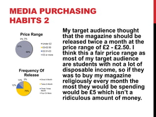 MEDIA PURCHASING
HABITS 2
                                   My target audience thought
        Price Range
        0% 0%
                                   that the magazine should be
                    Under £2       released twice a month at the
      31%           £2-£2.50
                    £2.51-£3
                                   price range of £2 - £2.50. I
             69%
                    £3 or more     think this a fair price range as
                                   most of my target audience
                                   are students with not a lot of
       Frequency Of                disposable income, so if they
          Release                  was to buy my magazine
      13% 0%       Once A Month

                   Twice A Month
                                   religiously every month the
12%
                   Three Times     most they would be spending
            75%    Month
                   Four Or More    would be £5 which isn’t a
                                   ridiculous amount of money.
 