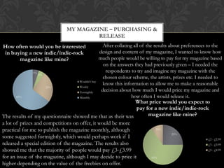 MY MAGAZINE – PURCHASING &
                                       RELEASE
How often would you be interested                    After collating all of the results about preferences to the
in buying a new indie/indie-rock                   design and content of my magazine, I wanted to know how
      magazine like mine?                          much people would be willing to pay for my magazine based
                                                     on the answers they had previously given – I needed the
              5%                                      respondents to try and imagine my magazine with the
                   5%
                                                     chosen colour scheme, the artists, prizes etc. I needed to
                                    Wouldn't buy
                                                     know this information to allow me to make a reasonable
                        25%         Weekly
                                    Fortnightly
                                                    decision about how much I would price my magazine and
      65%                           Monthly                         how often I would release it.
                                                              What price would you expect to
                                                                pay for a new indie/indie-rock
The results of my questionnaire showed me that as their was          magazine like mine?
a lot of prizes and competitions on offer, it would be more
practical for me to publish the magazine monthly, although              10%
                                                                               25%
some suggested fortnightly, which would perhaps work if I                                     £2 - £2.99
released a special edition of the magazine. The results also                                  £3 - £3.99
showed me that the majority of people would pay £3-£3.99                                      £4 - £4.99

for an issue of the magazine, although I may decide to price it       65%

higher depending on the value of the freebies on offer.
 