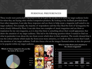 PERSONAL PREFERENCES
These results were particularly important to me as it gave me an idea as to what my target audience looks
for when they are buying other similar/competitor products. By looking at the feedback provided about
four other magazines, I can take these responses and use them to help create a magazine well suited to my
target audience. For example, the majority of respondents said that they liked the look of Q magazine the
most, closely followed by Paste. I can take these two examples of music magazines and use them as
inspiration for my own magazine, as it is clear that there is something about their overall appearance that
draws the attention of my target audience. This led to the following question where I wanted to find out
what in particular it was about the two front covers which drew in their attention. The results showed that it
was the colour scheme which made the front cover more attractive, so I will use this to ensure that I catch
the attention of my target audience. I will also focus a lot on the images/featured artists as this also proved
to be popular within my target audience.                                What is it that draws your attention to
                                                                                the chosen magazine?
 Which of these magazines do you like                             12
        the look of the most?                                     10
                                                                   8
                                                                   6
                                        Paste                      4
        40%          35%
                                        Indie
                                                                   2
                                        Clash
                                                                   0
                                        Q                              Colour   Title   Font Style   Images   Featured   Other
                    10%
              15%                                                      scheme                                  artists
 
