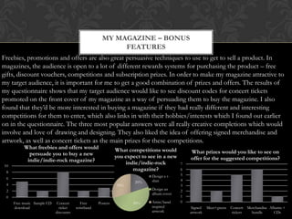 MY MAGAZINE – BONUS
                                                           FEATURES
Freebies, promotions and offers are also great persuasive techniques to use to get to sell a product. In
magazines, the audience is open to a lot of different rewards systems for purchasing the product – free
gifts, discount vouchers, competitions and subscription prizes. In order to make my magazine attractive to
my target audience, it is important for me to get a good combination of prizes and offers. The results of
my questionnaire shows that my target audience would like to see discount codes for concert tickets
promoted on the front cover of my magazine as a way of persuading them to buy the magazine. I also
found that they‟d be more interested in buying a magazine if they had really different and interesting
competitions for them to enter, which also links in with their hobbies/interests which I found out earlier
on in the questionnaire. The three most popular answers were all really creative completions which would
involve and love of drawing and designing. They also liked the idea of offering signed merchandise and
artwork, as well as concert tickets as the main prizes for these competitions.
          What freebies and offers would                      What competitions would
            persuade you to buy a new                                                          What prizes would you like to see on
                                                              you expect to see in a new       offer for the suggested competitions?
           indie/indie-rock magazine?                             indie/indie-rock
10                                                                                         7

 8
                                                                     magazine?             6
                                                                             Design a t-   5
 6                                                                                         4
                                                                      20%    shirt
 4                                                            30%                          3
 2                                                                           Design an     2
                                                                             album cover
 0                                                                                         1
     Free music Sample CD    Concert      Free      Posters          50%     Artist/band   0
     download                 ticket    wristband                            inspired           Signed   Meet+greets   Concert Merchandise Albums +
                            discounts                                        artwork           artwork                  tickets  bundle      CDs
 