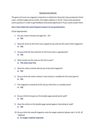 Questionnaire Results

The genre of music my magazine is based on is indie/rock. Recently I have produced a front
cover, contents page and an article, the target audience is 16-25. I have some prepared
some questions in order to get feedback and would appreciate it if you could answer them.

Here I have taken the most frequent answers to my questionnaire.

(Circle Appropriate)

   1. Are you male or female and aged 16 – 25?
      A. YES

   2. Does the artist on the front cover appeal to you and suit the style of the magazine?
      A. YES

   3. Do you think the text and font on the front cover is appropriate?
      A. YES

   4. What stands out the most on the front cover?
      A. The main cover line

   5. Does the colour scheme attract you to buy the magazine?
      A. YES

   6. Do you think the colour scheme I have chosen is suitable for the music genre?
      A. YES

   7. The magazine is priced at £2.95, do you think this is a suitable price?
      A. YES



   8. Do you think the layout on the double page spread works well?
      A. YES

   9. Does the article on the double page spread appear interesting to read?
      A. YES

   10. Do you think the overall magazine suits the target audience (please rate 1 to 10, 10
       =highest)
       A. 8, images could be improved
 