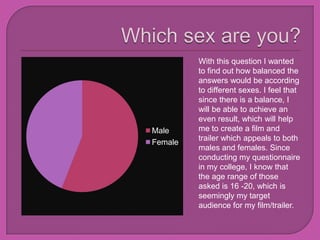 Male
Female
With this question I wanted
to find out how balanced the
answers would be according
to different sexes. I feel that
since there is a balance, I
will be able to achieve an
even result, which will help
me to create a film and
trailer which appeals to both
males and females. Since
conducting my questionnaire
in my college, I know that
the age range of those
asked is 16 -20, which is
seemingly my target
audience for my film/trailer.
 