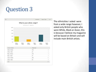 Question 3
The ethnicities I asked were
from a wide range however, I
asked only British people who
were White, Black or Asian, this
is because I believe my magazine
will be based on Britain and will
include main British artists.

 