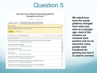 Question 5
We asked how
have the social
patterns changed
from when you
were at a younger
age, most of the
answers we
received were
positive and as we
assumed, many
people used
Facebook for
gaming and now it
is used to connect.

 