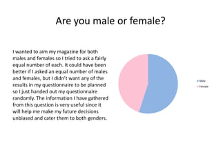 Are you male or female?
I wanted to aim my magazine for both
males and females so I tried to ask a fairly
equal number of each. It could have been
better if I asked an equal number of males
and females, but I didn’t want any of the
results in my questionnaire to be planned
so I just handed out my questionnaire
randomly. The information I have gathered
from this question is very useful since it
will help me make my future decisions
unbiased and cater them to both genders.

Male
Female

 
