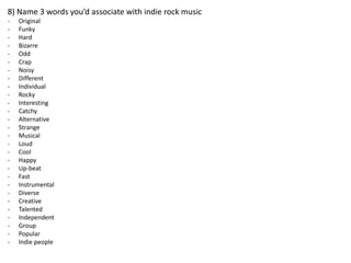 8) Name 3 words you’d associate with indie rock music
-

Original
Funky
Hard
Bizarre
Odd
Crap
Noisy
Different
Individual
Rocky
Interesting
Catchy
Alternative
Strange
Musical
Loud
Cool
Happy
Up-beat
Fast
Instrumental
Diverse
Creative
Talented
Independent
Group
Popular
Indie people

 