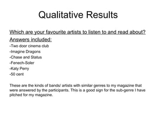 Qualitative Results
Which are your favourite artists to listen to and read about?
Answers included:
-Two door cinema club
-Imagine Dragons
-Chase and Status
-Fenech-Soler
-Katy Perry
-50 cent
These are the kinds of bands/ artists with similar genres to my magazine that
were answered by the participants. This is a good sign for the sub-genre I have
pitched for my magazine.

 