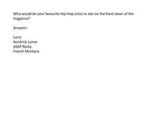 Who would be your favourite Hip-Hop artist to star on the front cover of the
magazine?
Answers:
Luniz
Kendrick Lamar
ASAP Rocky
French Montana

 