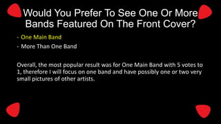 Would You Prefer To See One Or More
Bands Featured On The Front Cover?
- One Main Band
- More Than One Band
Overall, the most popular result was for One Main Band with 5 votes to
1, therefore I will focus on one band and have possibly one or two very
small pictures of other artists.

 