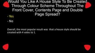 Would You Like A House Style To Be Created
Through Colour Scheme Throughout The
Front Cover, Contents Page and Double
Page Spread?
- Yes
- No
Overall, the most popular result was that a house style should be
created with 4 votes to 1.

 