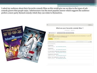 I asked my audience about their favourite comedy films as this would give me an idea to the types of sub
comedy genres that people enjoy. Inbetweeners was the most popular answer which suggests the audience
prefers a more party themed comedy which they can relate to themselves.
 