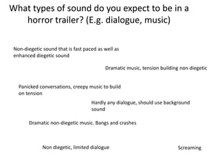 What types of sound do you expect to be in a 
horror trailer? (E.g. dialogue, music) 
Non-diegetic sound that is fast paced as well as 
enhanced diegetic sound 
Dramatic music, tension building non diegetic 
Panicked conversations, creepy music to build 
on tension 
Hardly any dialogue, should use background 
sound 
Dramatic non-diegetic music. Bangs and crashes 
Non diegetic, limited dialogue Screaming 
 