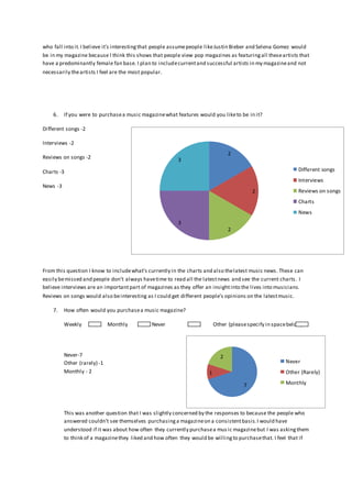 who fall into it. I bel ieve it's interesting that people assume people like Justin Bieber and Selena Gomez would 
be in my magazine because I think this shows that people view pop magazines as featuring all these artists that 
have a predominantly female fan base. I plan to include current and successful artists in my magazine and not 
necessarily the artists I feel are the most popular. 
2 
2 
2 
3 
3 
Different songs 
Interviews 
Reviews on songs 
Charts 
News 
7 
1 
2 
Never 
Other (Rarely) 
Monthly 
6. If you were to purchase a music magazine what features would you like to be in it? 
Different songs -2 
Interviews -2 
Reviews on songs -2 
Charts -3 
News -3 
From this question I know to include what's currently in the charts and also the latest music news. These can 
easily be missed and people don’t always have time to read all the latest news and see the current charts. I 
believe interviews are an important part of magazines as they offer an insight into the lives into musicians. 
Reviews on songs would also be interesting as I could get different people's opinions on the latest music. 
7. How often would you purchase a music magazine? 
Weekly Monthly Never Other (please specify in space below) 
Never-7 
Other (rarely) -1 
Monthly - 2 
This was another question that I was slightly concerned by the responses to because the people who 
answered couldn’t see themselves purchasing a magazine on a consistent basis. I would have 
understood if it was about how often they currently purchase a mus ic magazine but I was asking them 
to think of a magazine they liked and how often they would be willing to purchase that. I feel that if 
 