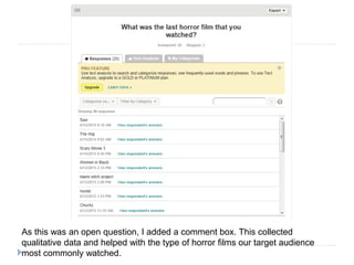 As this was an open question, I added a comment box. This collected
qualitative data and helped with the type of horror films our target audience
most commonly watched.
 