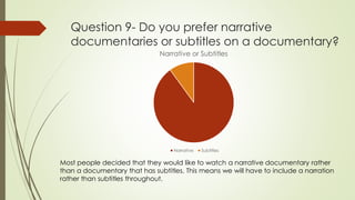 Question 9- Do you prefer narrative
documentaries or subtitles on a documentary?
Narrative or Subtitles
Narrative Subtitles
Most people decided that they would like to watch a narrative documentary rather
than a documentary that has subtitles. This means we will have to include a narration
rather than subtitles throughout.
 