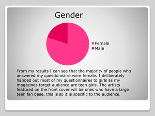 Female
Male
From my results I can see that the majority of people who
answered my questionnaire were female. I deliberately
handed out most of my questionnaires to girls as my
magazines target audience are teen girls. The artists
featured on the front cover will be ones who have a large
teen fan base, this is so it is specific to the audience.
Gender
 