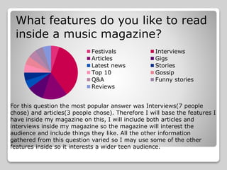 Festivals Interviews
Articles Gigs
Latest news Stories
Top 10 Gossip
Q&A Funny stories
Reviews
What features do you like to read
inside a music magazine?
For this question the most popular answer was Interviews(7 people
chose) and articles(3 people chose). Therefore I will base the features I
have inside my magazine on this, I will include both articles and
interviews inside my magazine so the magazine will interest the
audience and include things they like. All the other information
gathered from this question varied so I may use some of the other
features inside so it interests a wider teen audience.
 