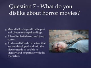  Most disliked a predictable plot
and cheesy or stupid endings.
 A handful hated overused jump
scares.
 And one disliked characters that
are not developed and said the
viewer needs to be able to
identify and empathise with the
characters.
Question 7 - What do you
dislike about horror movies?
 