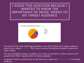 I ASKED THIS QUESTION BECAUSE I
WANTED TO KNOW THE
IMPORTANCE OF MUSIC VIDEOS TO
MY TARGET AUDIENCE
• Like most of the music watching population, over half (52.9%) of my target audience
watch music videos monthly. This is very common throughout all types of genres for
music videos.
• The second highest answer is weekly, so it is clear to see that it is more common that
people watch them regularly than not being regularly.
• In general I think it would be fair to say that music videos are fairly popular in my target
audience.
 