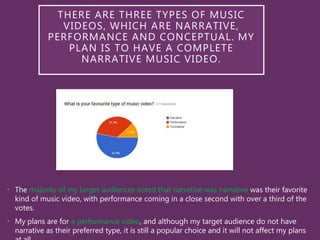 THERE ARE THREE TYPES OF MUSIC
VIDEOS, WHICH ARE NARRATIVE,
PERFORMANCE AND CONCEPTUAL. MY
PLAN IS TO HAVE A COMPLETE
NARRATIVE MUSIC VIDEO.
• The majority of my target audiences voted that narrative was narrative was their favorite
kind of music video, with performance coming in a close second with over a third of the
votes.
• My plans are for a performance video, and although my target audience do not have
narrative as their preferred type, it is still a popular choice and it will not affect my plans
 
