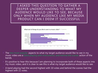 I ASKED THIS QUESTION TO GATHER A
DEEPER UNDERSTANDING TO WHAT MY
AUDIENCE WOULD LIKE TO SEE, BECAUSE
ONLY WHEN MY AUDIENCE LIKE MY MEDIA
PRODUCT CAN I DEEM IT SUCCESSFUL
• The two most popular aspects to what my target audience would like to see in my
music video are a band playing with instruments, and behind the scenes action of the
bands.
• It’s positive to hear this because I am planning to incorporate both of these aspects into
my music video, and it is clear to see this is what my target audience would like to see.
• A band playing had the second highest with 10 votes and behind the scenes had the
highest with 11 votes.
 