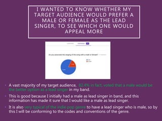 I WANTED TO KNOW WHETHER MY
TARGET AUDIENCE WOULD PREFER A
MALE OR FEMALE AS THE LEAD
SINGER, TO SEE WHICH ONE WOULD
APPEAL MORE
• A vast majority of my target audience, 82.4% in fact, voted that a male would be
the better option as a lead singer in my band.
• This is good because I initially had a male as lead singer in band, and this
information has made it sure that I would like a male as lead singer.
• It is also very typical of the indie pop genre to have a lead singer who is male, so by
this I will be conforming to the codes and conventions of the genre.
 