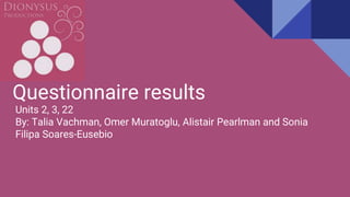 Questionnaire results
Units 2, 3, 22
By: Talia Vachman, Omer Muratoglu, Alistair Pearlman and Sonia
Filipa Soares-Eusebio
 