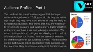 Audience Profiles - Part 1
The results of the questionnaire suggest that the target
audience is aged around 17-24 years old. As they are in this
age range, they may have a low income as they are likely in
full/part time education. This shows that they are most likely
to have time to consume and watch a movie trailer/short film,
as they may not have a job, due to being in education. We
asked participants from both genders allowing us to conduct
information about our product, from our research we found
out that the majority of our audience is male. This tells us that
our product may be aimed at a majority male audience, as
they are more likely to consume products of the horror genre.
 