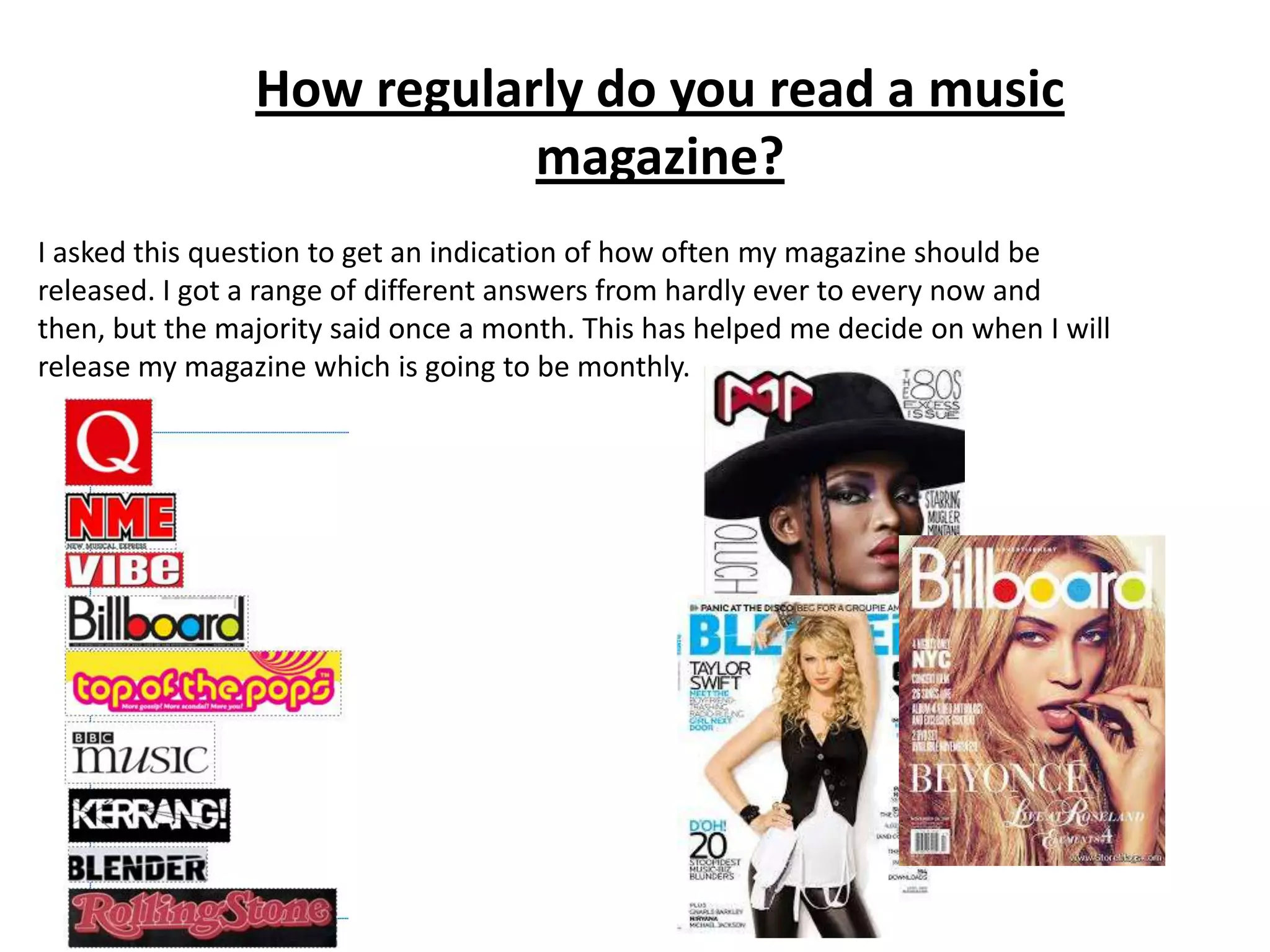 How regularly do you read a music
magazine?
I asked this question to get an indication of how often my magazine should be
released. I got a range of different answers from hardly ever to every now and
then, but the majority said once a month. This has helped me decide on when I will
release my magazine which is going to be monthly.

 