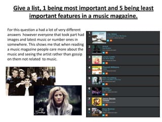 Give a list, 1 being most important and 5 being least
important features in a music magazine.
For this question a had a lot of very different
answers however everyone that took part had
images and latest music or number ones in
somewhere. This shows me that when reading
a music magazine people care more about the
music and seeing the artist rather than gossip
on them not related to music.

 