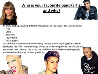 Who is your favourite band/artist
and why?

All of my participants had different answers for this question. These consisted of :
• Pink
• Drake
• Baw wow
• Taylor swift
• Justin Bieber
Out of these artist I would be more likely to have pink in my magazine as she Is
perfect for the style I want my magazine to be in. The majority of the reasons was
because of how talented the artists are and their music however some people
also liked them because of their good looks.

 