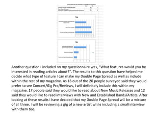 Another question I included on my questionnaire was, “What features would you be 
interested in reading articles about?”. The results to this question have helped me 
decide what type of feature I can make my Double Page Spread as well as include 
within the rest of my magazine. As 18 out of the 20 people surveyed said they would 
prefer to see Concert/Gig Pre/Reviews, I will definitely include this within my 
magazine. 17 people said they would like to read about New Music Releases and 12 
said they would like to read interviews with New and Established Bands/Artists. After 
looking at these results I have decided that my Double Page Spread will be a mixture 
of all three. I will be reviewing a gig of a new artist while including a small interview 
with them too. 
 