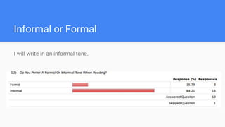 Informal or Formal
I will write in an informal tone.
 
