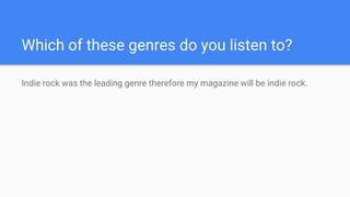 Which of these genres do you listen to?
Indie rock was the leading genre therefore my magazine will be indie rock.
 