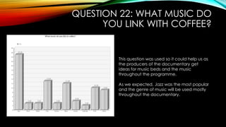 QUESTION 22: WHAT MUSIC DO
YOU LINK WITH COFFEE?
This question was used so it could help us as
the producers of the documentary get
ideas for music beds and the music
throughout the programme.
As we expected, Jazz was the most popular
and the genre of music will be used mostly
throughout the documentary.
 