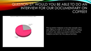 QUESTION 27: WOULD YOU BE ABLE TO DO AN
INTERVIEW FOR OUR DOCUMENTARY ON
COFFEE?
This question helped us locate people who
are willing to talk to us on film about coffee
in which we were successful retrieving this
helpful content for the documentary.
 
