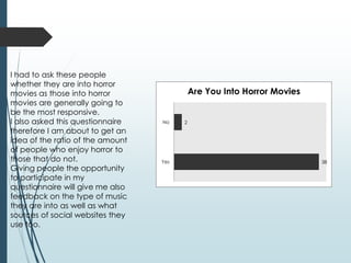 I had to ask these people
whether they are into horror
movies as those into horror                 Are You Into Horror Movies
movies are generally going to
be the most responsive.
I also asked this questionnaire   No    2
therefore I am about to get an
idea of the ratio of the amount
of people who enjoy horror to
those that do not.                Yes                                    38
Giving people the opportunity
to participate in my
questionnaire will give me also
feedback on the type of music
they are into as well as what
sources of social websites they
use too.
 