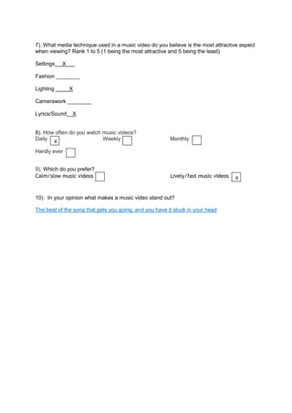 7). What media technique used in a music video do you believe is the most attractive aspect
when viewing? Rank 1 to 5 (1 being the most attractive and 5 being the least)

Settings   X

Fashion ________

Lighting       X

Camerawork ________

Lyrics/Sound   X


8). How often do you watch music videos?
Daily                      Weekly                       Monthly
       X
Hardly ever


9). Which do you prefer?
Calm/slow music videos                                  Lively/fast music videos   X


10). In your opinion what makes a music video stand out?

The beat of the song that gets you going, and you have it stuck in your head
 