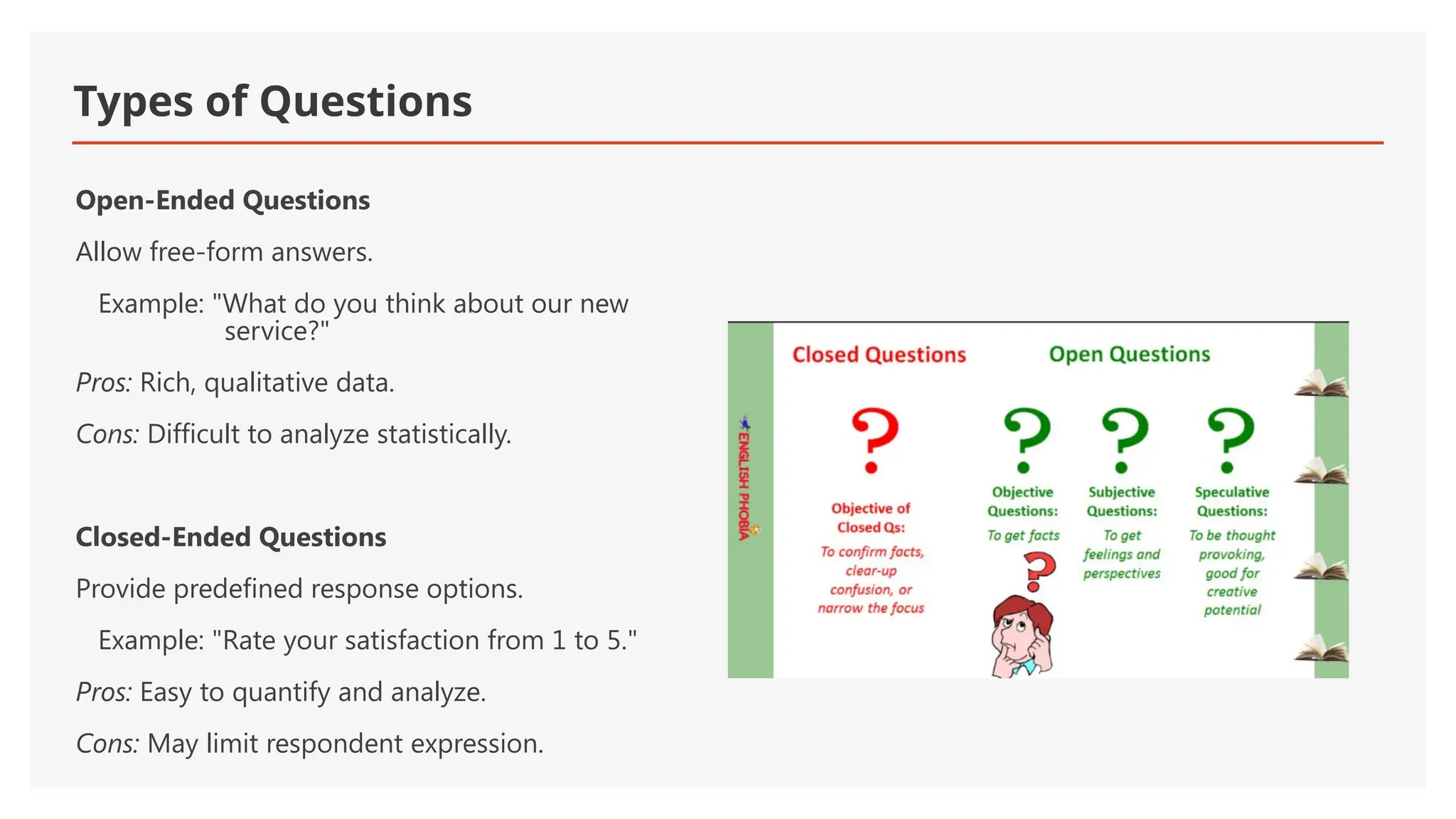 Types of Questions
Open-Ended Questions
Allow free-form answers.
Example: "What do you think about our new
service?"
Pros: Rich, qualitative data.
Cons: Difficult to analyze statistically.
Closed-Ended Questions
Provide predefined response options.
Example: "Rate your satisfaction from 1 to 5."
Pros: Easy to quantify and analyze.
Cons: May limit respondent expression.
 