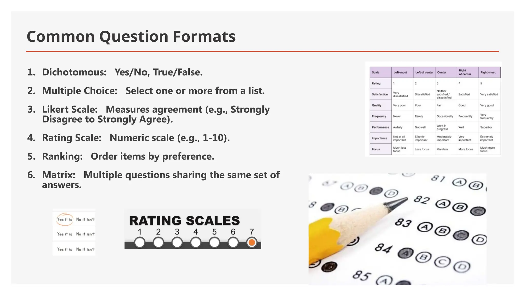 Common Question Formats
1. Dichotomous: Yes/No, True/False.
2. Multiple Choice: Select one or more from a list.
3. Likert Scale: Measures agreement (e.g., Strongly
Disagree to Strongly Agree).
4. Rating Scale: Numeric scale (e.g., 1-10).
5. Ranking: Order items by preference.
6. Matrix: Multiple questions sharing the same set of
answers.
 