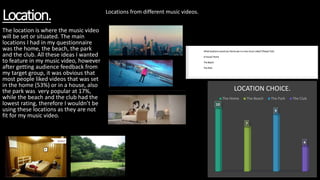 Location.
10
7
9
4
LOCATION CHOICE.
The Home The Beach The Park The Club
The location is where the music video
will be set or situated. The main
locations I had in my questionnaire
was the home, the beach, the park
and the club. All these ideas I wanted
to feature in my music video, however
after getting audience feedback from
my target group, it was obvious that
most people liked videos that was set
in the home (53%) or in a house, also
the park was very popular at 17%,
while the beach and the club had the
lowest rating, therefore I wouldn’t be
using these locations as they are not
fit for my music video.
Locations from different music videos.
 