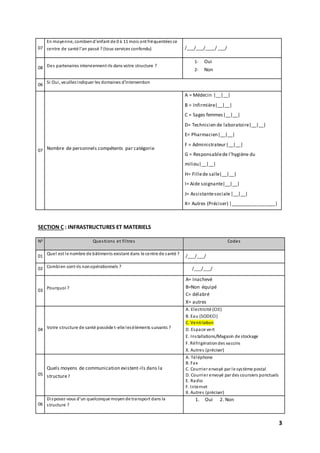 3
07
En moyenne, combiend’enfant de 0 à 11 mois ont fréquentées ce
centre de santé l’an passé ? (tous services confondu) /___/___/____/ ___/
08 Des partenaires interviennent-ils dans votre structure ?
1- Oui
2- Non
06
Si Oui, veuillezindiquer les domaines d’intervention
07 Nombre de personnels compétents par catégorie
A = Médecin |__|__|
B = Infirmière|__|__|
C = Sages femmes|__|__|
D= Technicien de laboratoire|__|__|
E= Pharmacien|__|__|
F = Administrateur|__|__|
G = Responsablede l'hygiène du
milieu|__|__|
H= Fillede salle|__|__|
I= Aide soignante|__|__|
J= Assistantesociale|__|__|
X= Autres (Préciser) |_________________|
SECTION C : INFRASTRUCTURES ET MATERIELS
N0 Questions et filtres Codes
01
Quel est le nombre de bâtiments existant dans le centre de santé ?
/___/___/
02 Combien sont-ils nonopérationnels ? /___/___/
03
Pourquoi ?
A= Inachevé
B=Non équipé
C= délabré
X= autres
04 Votre structure de santé possède t-elle leséléments suivants ?
A. Electricité (CIE)
B. Eau (SODECI)
C. Ventilation
D. Espace vert
E. Installations/Magasin de stockage
F. Réfrigérationdes vaccins
X. Autres (préciser)
05
Quels moyens de communication existent-ils dans la
structure?
A. Téléphone
B. Fax
C. Courrier envoyé par le système postal
D. Courrier envoyé par des coursiers ponctuels
E. Radio
F. Internet
X. Autres (préciser)
06
Disposez-vous d'un quelconque moyende transport dans la
structure ?
1. Oui 2. Non
 