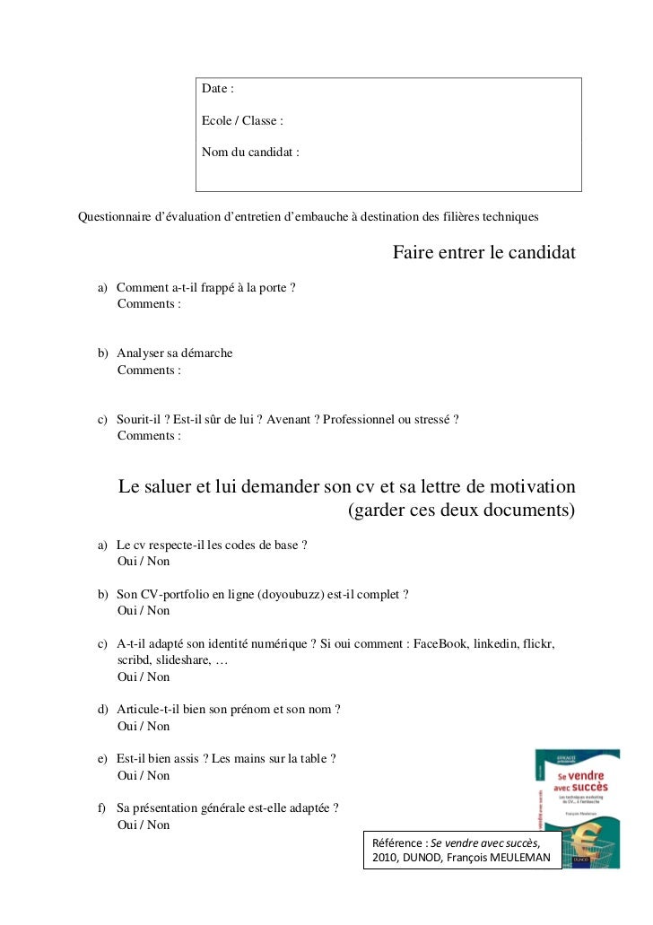 Questionnaire éval entretien embauche pour école