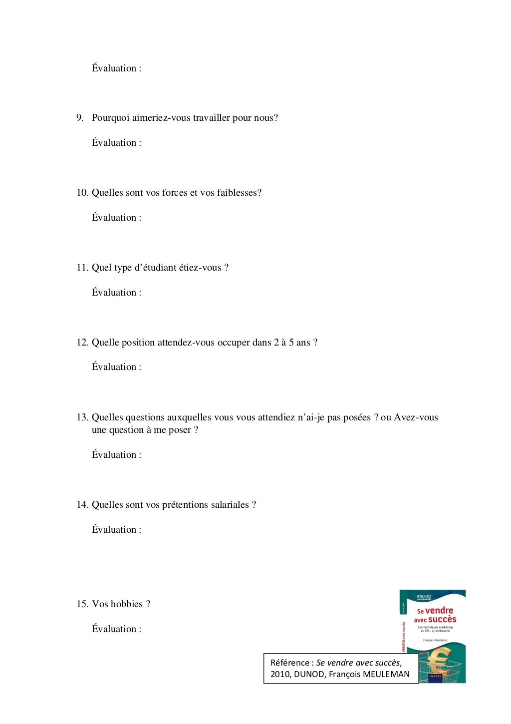 Questionnaire éval entretien embauche pour école