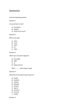 Questionnaire
Circle the following questions.
Question 1:
Are you female or male?
A) Female(11)
B) Male(5)
C) Prefer not to say (1)
Question 2:
What is your age?
A) 16(2)
B) 17(7)
C) 18(7)
D) 19
E) 20(1)
Question 3:
What’s your Favourite magazine?
A) Kerrang(1)
B) NME
C) Q
D) Metal Hammer
Other…………….Mens Vogue, Vouge
Question 4:
What kind of music genre do you listen to?
A) Pop(3)
B) Rock(12)
C) Indie(7)
D) Metal(4)
E) Kpop(1)
F) Rap (1)
G) Grime( 1)
H) Punk (2)
I) RnB(4)
Question 5:
 