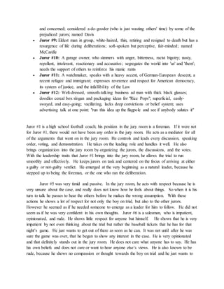 and concerned; considered a do-gooder (who is just wasting others' time) by some of the
prejudiced jurors; named Davis
 Juror #9: Eldest man in group, white-haired, thin, retiring and resigned to death but has a
resurgence of life during deliberations; soft-spoken but perceptive, fair-minded; named
McCardle
 Juror #10: A garage owner, who simmers with anger, bitterness, racist bigotry; nasty,
repellent, intolerant, reactionary and accusative; segregates the world into 'us' and 'them';
needs the support of others to reinforce his manic rants
 Juror #11: A watchmaker, speaks with a heavy accent, of German-European descent, a
recent refugee and immigrant; expresses reverence and respect for American democracy,
its system of justice, and the infallibility of the Law
 Juror #12: Well-dressed, smooth-talking business ad man with thick black glasses;
doodles cereal box slogan and packaging ideas for "Rice Pops"; superficial, easily-
swayed, and easy-going; vacillating, lacks deep convictions or belief system; uses
advertising talk at one point: "run this idea up the flagpole and see if anybody salutes it"
Juror #1 is a high school football coach; his position in the jury room is a foreman. If it were not
for Juror #1, there would not have been any order in the jury room. He acts as a mediator for all
of the arguments that went on in the jury room. He controls and leads every discussion, speaking
order, voting, and demonstration. He takes on the leading role and handles it well. He also
brings organization into the jury room by organizing the jurors, the discussions, and the votes.
With the leadership traits that Juror #1 brings into the jury room, he allows the trial to run
smoothly and effectively. He keeps jurors on task and centered on the focus of arriving at either
a guilty or not-guilty verdict. He emerged at the very beginning as a natural leader, because he
stepped up to being the foreman, or the one who ran the deliberation.
Juror #5 was very timid and passive. In the jury room, he acts with respect because he is
very unsure about the case, and really does not know how he feels about things. So when it is his
turn to talk he passes to hear the others before he makes the wrong assumption. With these
actions he shows a lot of respect for not only the boy on trial, but also to the other jurors.
However he seemed as if he needed someone to emerge as a leader for him to follow. He did not
seem as if he was very confident in his own thoughts. Juror #6 is a salesman, who is impatient,
opinionated, and rude. He shows little respect for anyone but himself. He shows that he is very
impatient by not even thinking about the trial but rather the baseball tickets that he has for that
night’s game. He just wants to get out of there as soon as he can. It was not until after he was
sure the game was over, that he began to show any interest in the case. He is very opinionated
and that definitely stands out in the jury room. He does not care what anyone has to say. He has
his own beliefs and does not care or want to hear anyone else’s views. He is also known to be
rude, because he shows no compassion or thought towards the boy on trial and he just wants to
 