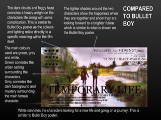The dark clouds and foggy haze        The lighter shades around the two        COMPARED
 connotes a heavy weight on the        characters show the happiness when
 characters life along with some       they are together and show they are      TO BULLET
 complication. This is similar to
 Bullet Boy poster as the colours
                                       looking forward to a brighter future     BOY
                                       which is similar to what is shown on
 and lighting relate directly to a     the Bullet Boy poster.
 specific meaning within the film
 itself.
The main colours
used are green, grey
and white.
Green connotes the
urban setting
surrounding the
characters.
Grey connotes the
dark background and
mystery surrounding
the main female
character.

        White connotes the characters looking for a new life and going on a journey. This is
        similar to Bullet Boy poster.
 