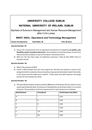 UNIVERSITY COLLEGE DUBLIN
NATIONAL UNIVERSITY OF IRELAND, DUBLIN
Bachelor of Science in Management and Human Resource Management
(BSc13 Sri Lanka)
BMGT 3003L: Operations and Technology Management
AnswerFive Questions Total Marks: 50 Time: 03 hours
QuestionNumber-01
a) Discuss the requirements from an operations perspective of competing on quality, cost,
flexibility,speed,innovation and service. Give examples of manufacturing or service firms
that successfully compete on each of the above-mentioned criteria
b) What are the four basic types of production processes ? How do they differ? Give an
example of each.
Question Number -02
a) What is the purpose of QFD?
b) Create a QFD example from your own experience. Describe the product or service to be
designedandthencompleteahouse of qualityusingrepresentativedata.Explainthe entries
in the house and how target were reached. Finally relate how QFD improves the design
process for the example you chose.
Question Number -03
a) The basic BlockCompanyneedsto produce 4000 boxes of blocks per 40-hour week to meet
upcomingholidaysdemand.The processof makingblockscanbe brokendowninto six work
elements. The precedence and time requirements for each element are as follows.
Work Element Precedence Performance time (Min)
A - 0.10
B A 0.40
C A 0.50
D - 0.20
E C,D 0.60
F B,E 0.40
 